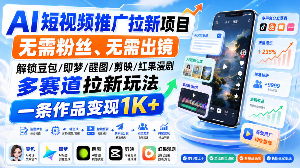 AI短视频推广拉新项目，无需粉丝、无需出镜，解锁豆包/即梦/醒图/剪映/红果漫剧多赛道拉新玩法，一条作品变现1K+-星空网络