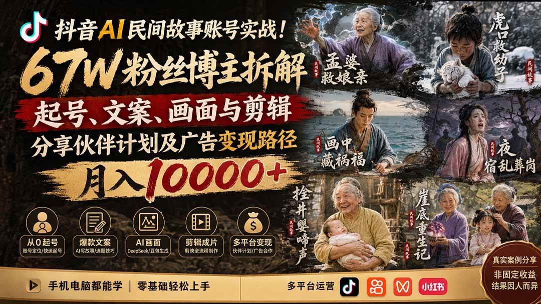 （19738期）抖音AI民间故事账号实战！67W粉丝博主拆解起号、文案、画面与剪辑，分享伙伴计划及广告变现路径，月入10000+-星空网络