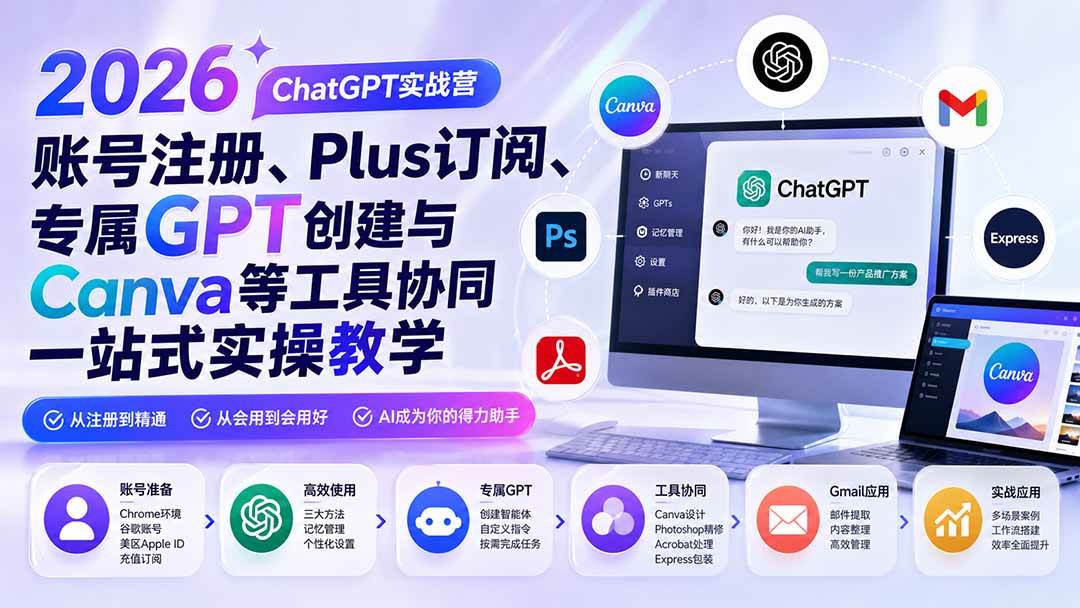 (19924期)2026 ChatGPT实战营;账号注册、Plus订阅、专属GPT创建与Canva等工具协同一站式实操教学 (19924期)2026 ChatGPT实战营;账号注册、Plus订阅、专属GPT创建与Canva等工具协同一站式实操教学