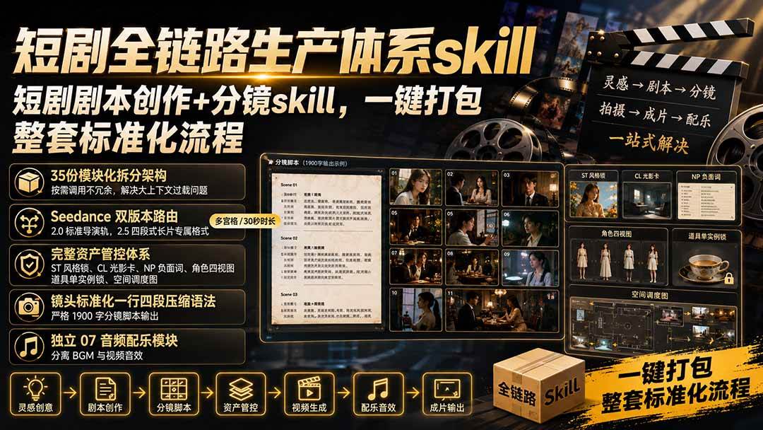 （19911期）短剧全链路生产体系skill，短剧剧本创作+分镜skill，一键打包，整套标准化流程-星空网络