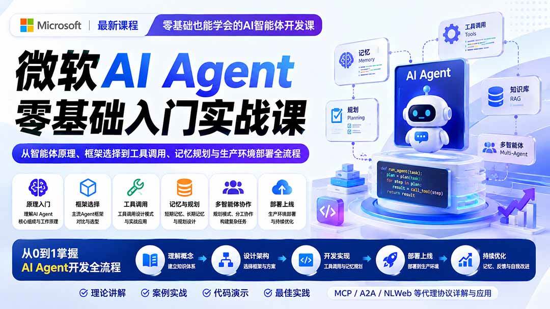 （19977期）微软AI Agent零基础入门实战课：从智能体原理、框架选择到工具调用、记忆规划与生产环境部署全流程-星空网络