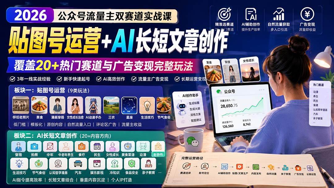 （20153期）公众号流量主双赛道实战课：贴图号运营+AI长短文章创作，覆盖20+热门赛道与广告变现完整玩法-星空网络