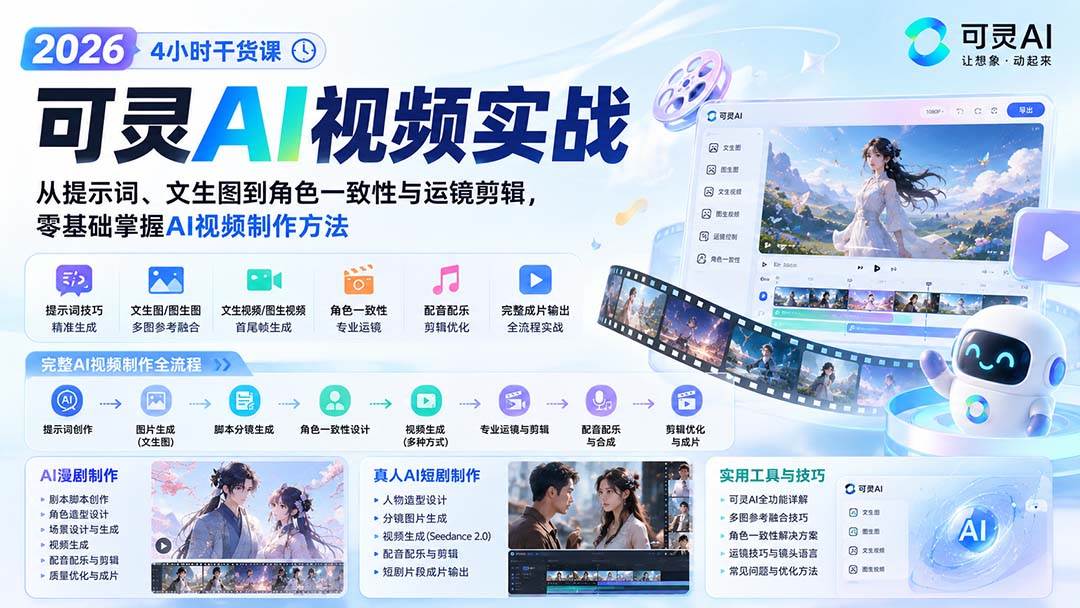 （20136期）2026可灵AI视频实战-4小时干货课：从提示词、文生图到角色一致性与运镜剪辑，零基础掌握AI视频制作方法-星空网络
