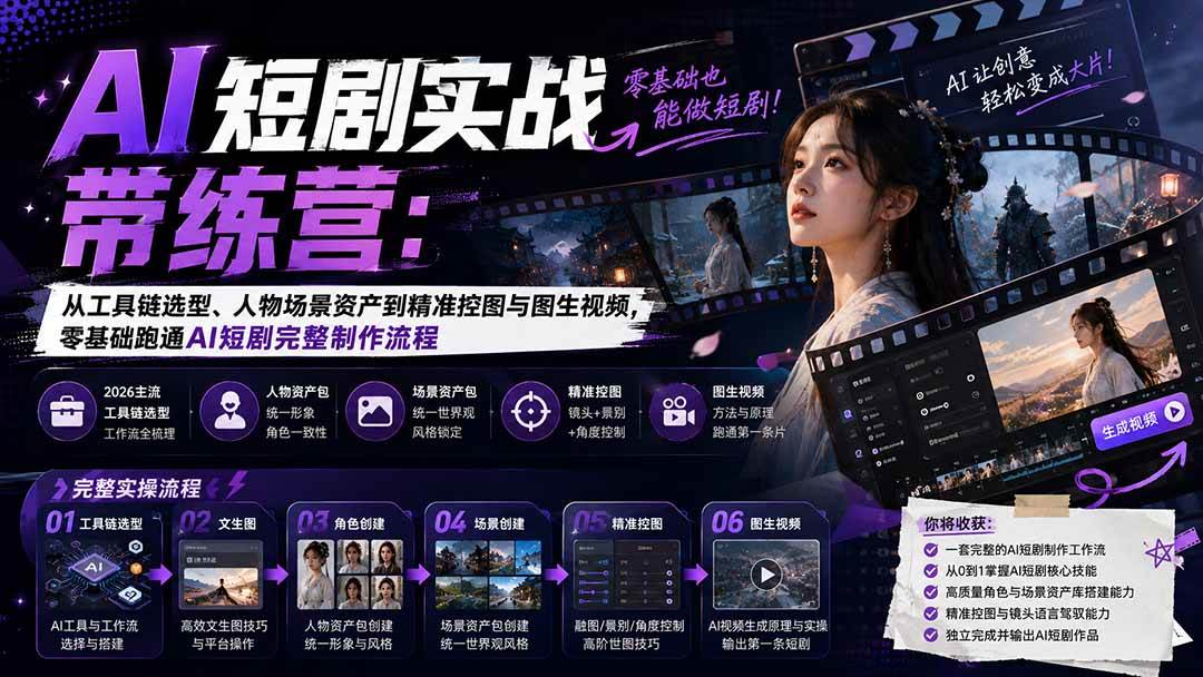 （20064期）AI短剧实战训练营：从工具链选型、人物场景资产到精准控图与图生视频，零基础跑通AI短剧完整制作流程-星空网络