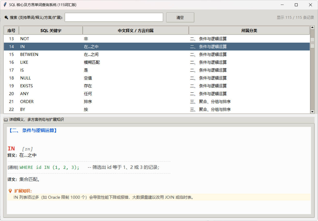 SQL常用核心单词查询115词客户端-星空网络