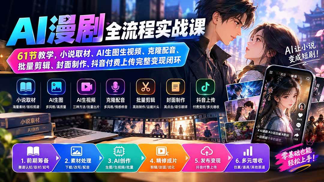 （20199期）AI漫剧全流程实战课｜61节教学，小说取材、AI生图生视频、克隆配音、批量剪辑、封面制作、抖音付费上传完整变现闭环-星空网络
