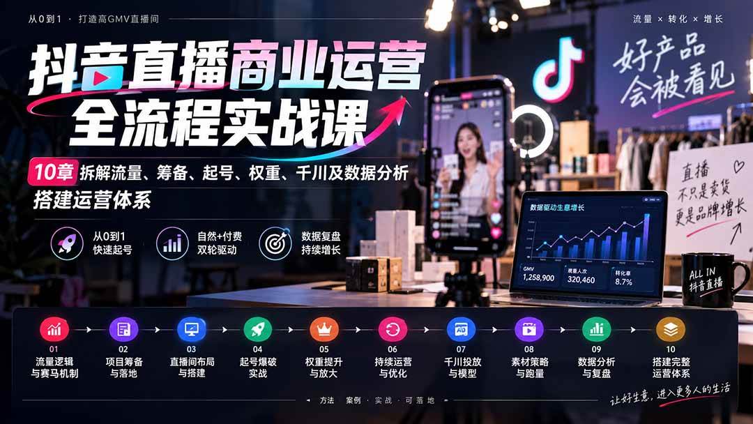 （20407期）抖音直播商业运营全流程实战课：10章拆解流量、筹备、起号、权重、千川及数据分析，搭建运营体系-星空网络