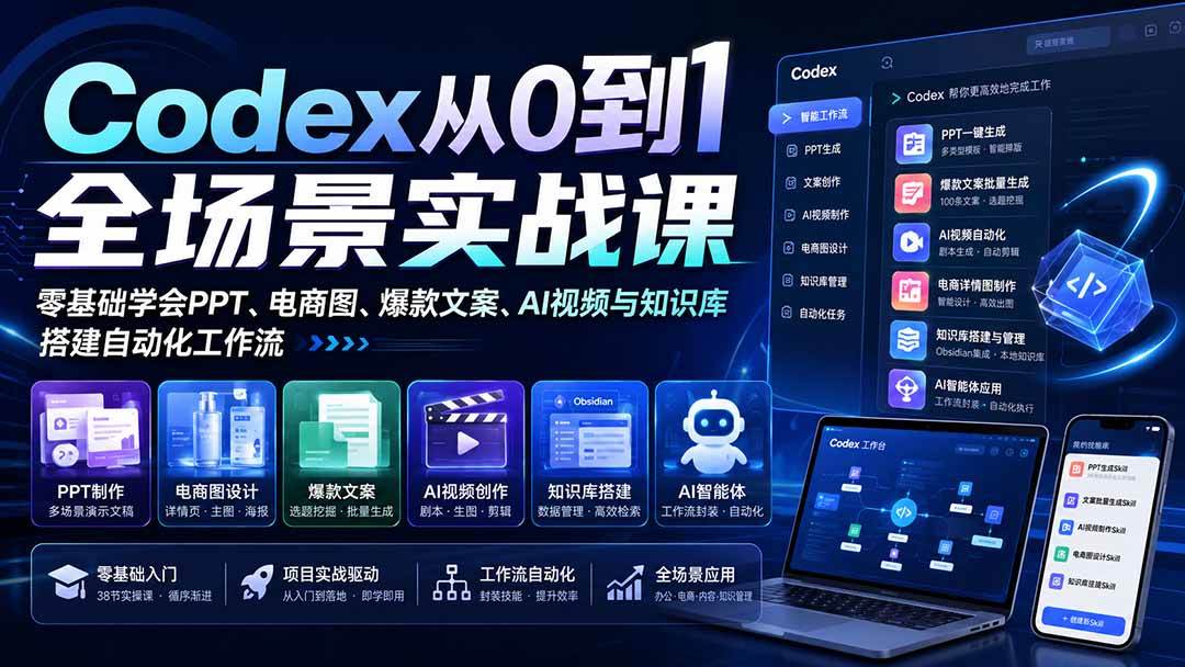 （20041期）Codex从0到1全场景实战课：零基础学会PPT、电商图、爆款文案、AI视频与知识库，搭建自动化工作流-星空网络