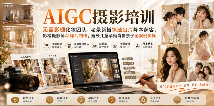 AIGC摄影培训｜无需影棚化妆团队，老景新搭快速出片降本获客，影楼摄影师AI样片制作，婚纱儿童孕妈肖像亲子全案例实操-星空网络