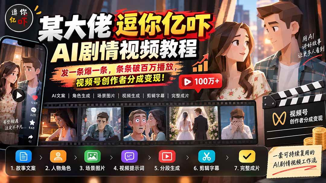 （20388期）某大佬逗你亿吓AI低模剧情视频制作教程：发一条爆一条，条条破百万播放，利用视频号创作者分成变现!-星空网络
