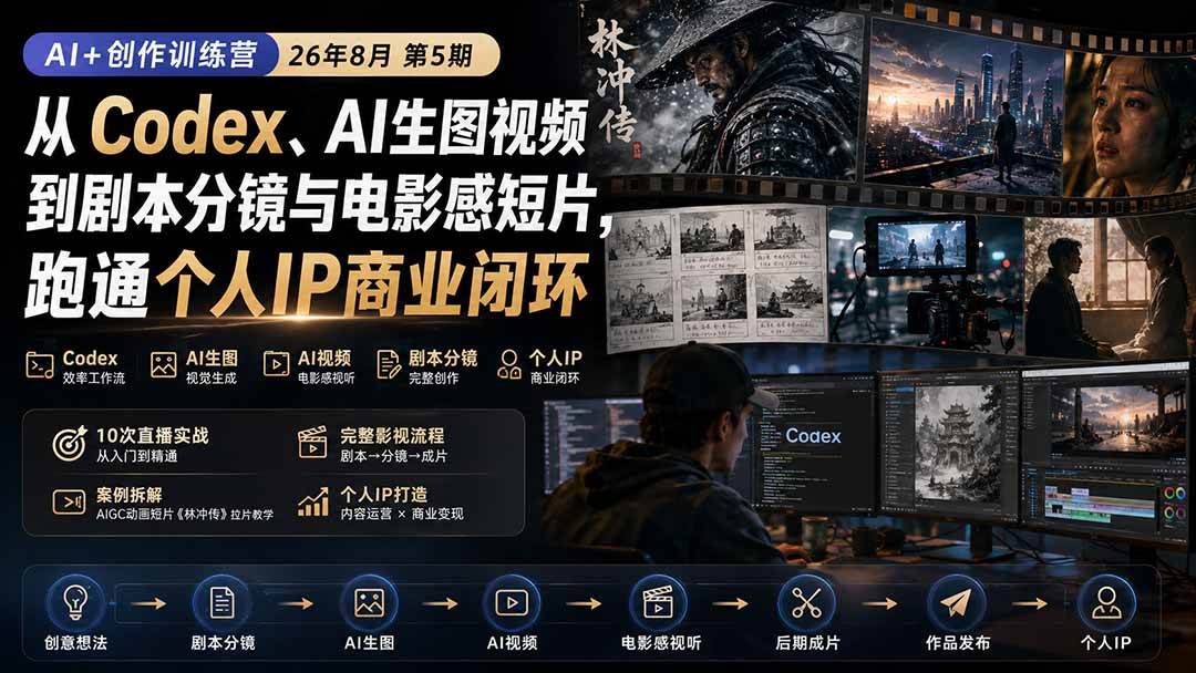 （20145期）AI+创作训练营26年8月第5期：从Codex、AI生图视频到剧本分镜与电影感短片，跑通个人IP商业闭环-星空网络