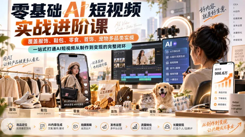零基础AI短视频实战进阶课，覆盖服饰、鞋包、零食、首饰、宠物多品类实操，一站式打通AI短视频从制作到变现的完整闭环-星空网络