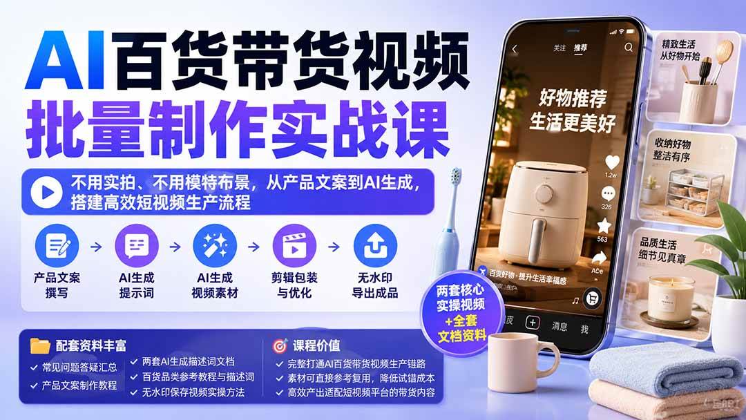 （20179期）AI百货带货视频批量制作实战课：不用实拍、不用模特布景，从产品文案到AI生成，搭建高效短视频生产流程-星空网络