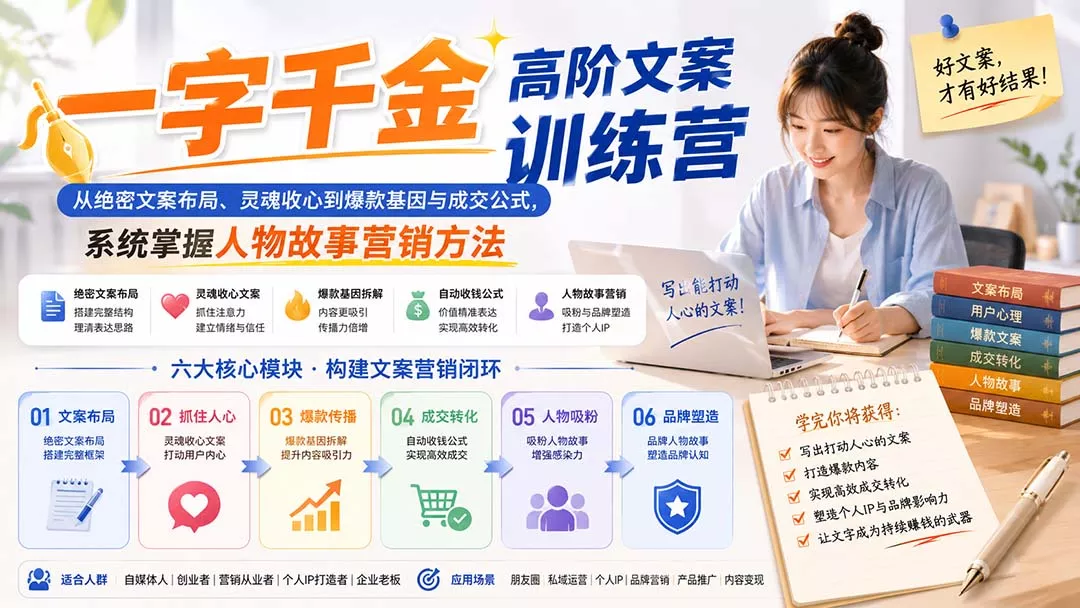 一字千金高阶文案训练营：从绝密文案布局、灵魂收心到爆款基因与成交公式，系统掌握人物故事营销方法-星空网络