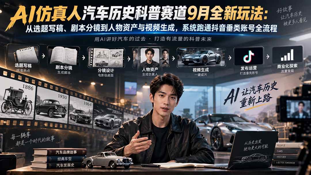 （20413期）AI仿真人汽车历史科普赛道9月全新玩法：从选题写稿、剧本分镜到人物资产与视频生成，系统跑通抖音垂类账号全流程-星空网络