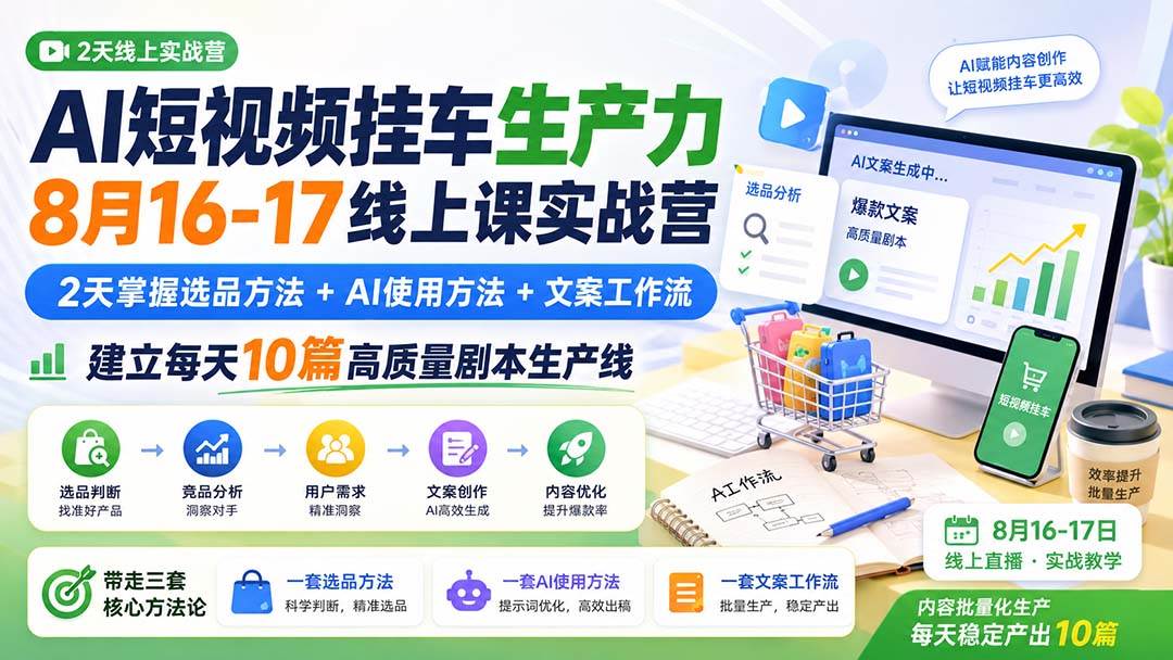 （20174期）AI短视频挂车生产力8月16-17线上课实战营：2天掌握选品方法+AI使用方法+文案工作流，建立每天10篇高质量剧本生产线-星空网络