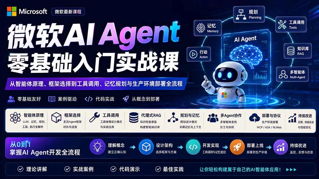 微软AI Agent零基础入门实战课：从智能体原理、框架选择到工具调用、记忆规划与生产环境部署全流程-星空网络