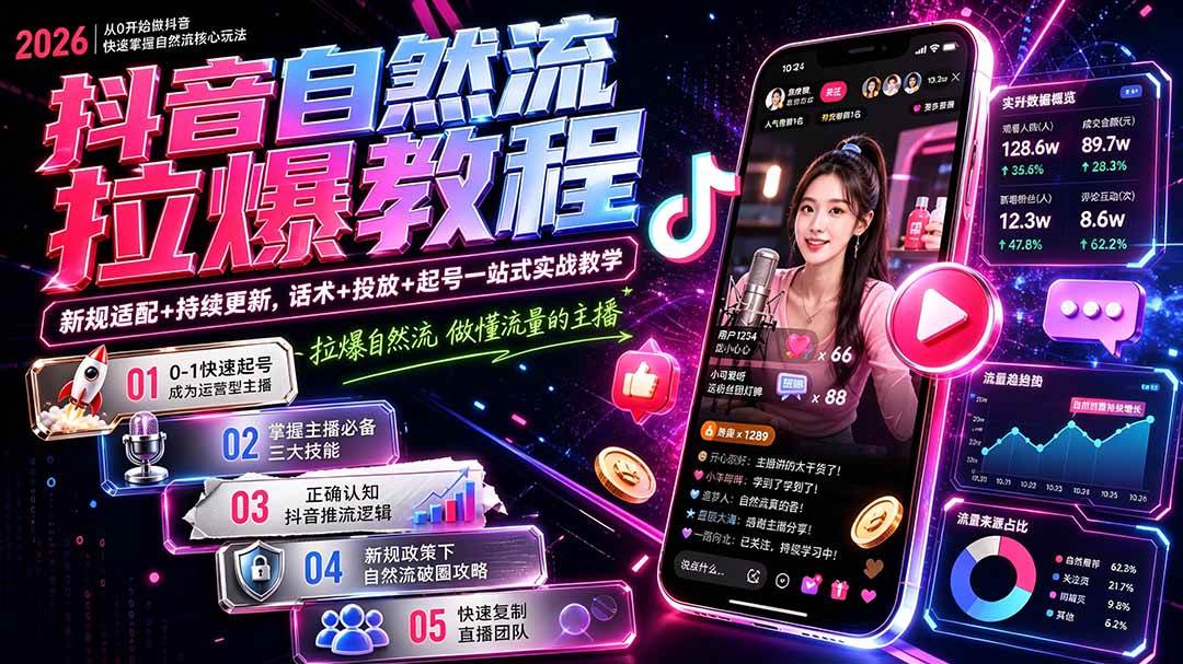 （20279期）抖音自然流拉爆教程-更新：做懂流量的主播，新规适配+持续更新，话术+投放+起号一站式实战教学-星空网络