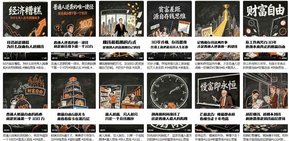 （19515期）AI书单财富书籍图文解读：手绘黑白风格×一键直出×几十条视频跑1000单×全流程拆解×新手可上手