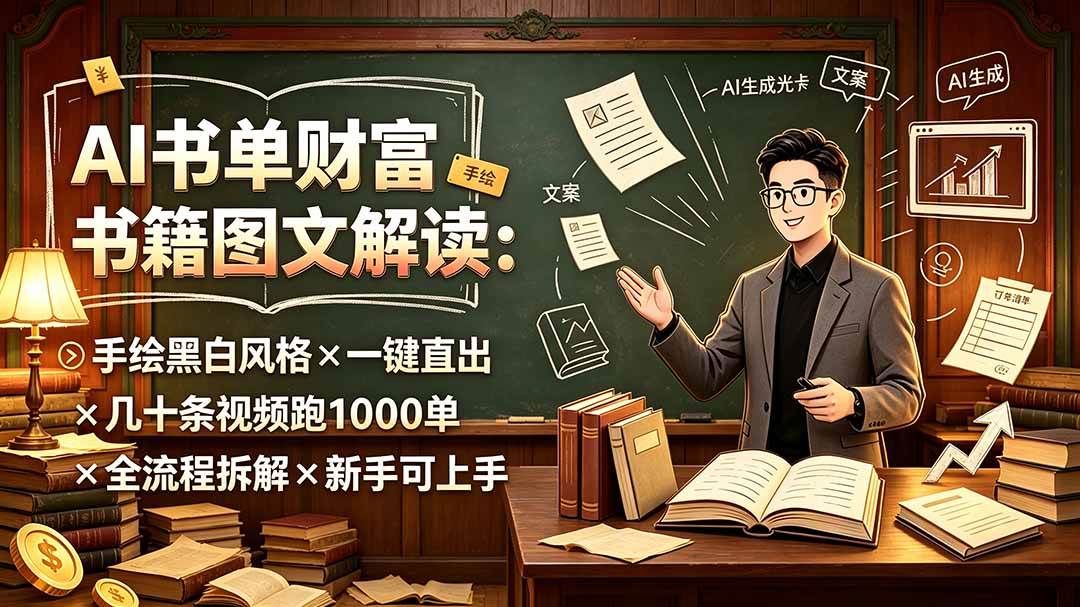 （19515期）AI书单财富书籍图文解读：手绘黑白风格×一键直出×几十条视频跑1000单×全流程拆解×新手可上手-星空网络