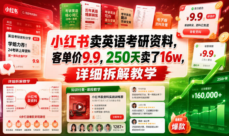 小红书卖英语考研资料,客单价9.9,250天卖了16w,详细拆解教学 小红书卖英语考研资料,客单价9.9,250天卖了16w,详细拆解教学