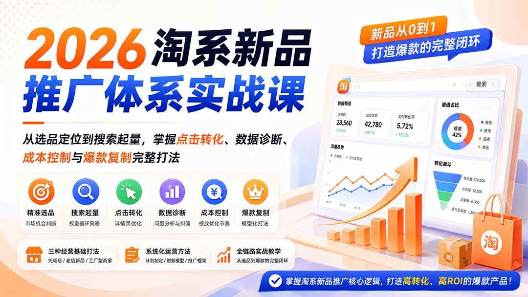 （19908期）2026淘系新品推广体系实战课：从选品定位到搜索起量，掌握点击转化、数据诊断、成本控制与爆款复制完整打法-星空网络