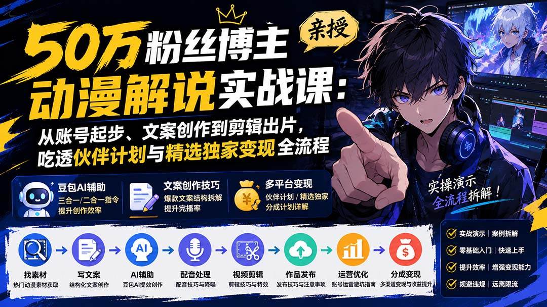 （20144期）50万粉丝博主亲授动漫解说实战课：从账号起步、文案创作到剪辑出片，吃透伙伴计划与精选独家变现全流程-星空网络