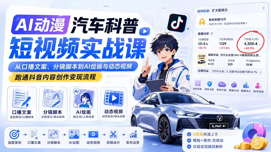 AI动漫汽车科普短视频实战课：从口播文案、分镜脚本到AI绘画与动态视频，跑通抖音内容创作变现流程-星空网络