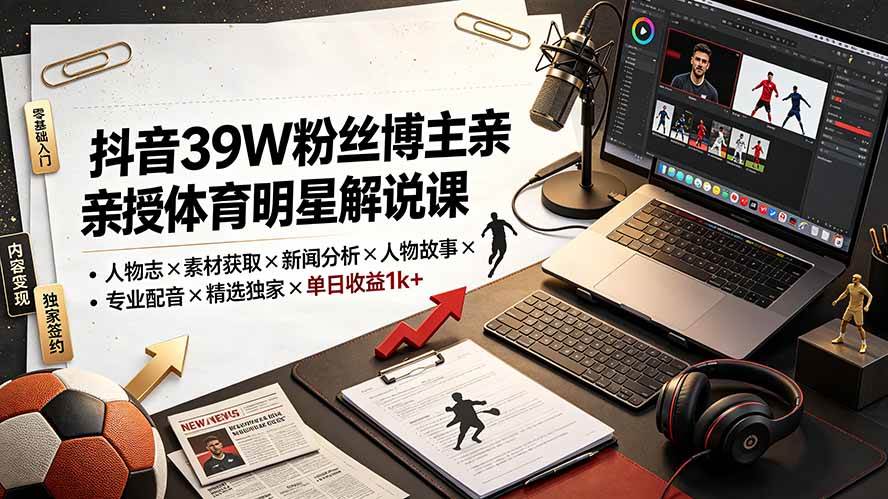 (19476期)抖音39W粉丝博主亲授体育明星解说课:人物志×素材获取×新闻分析×人物故事×专业配音×精选独家×单日收益1k+ (19476期)抖音39W粉丝博主亲授体育明星解说课:人物志×素材获取×新闻分析×人物故事×专业配音×精选独家×单日收益1k+