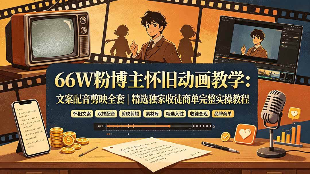（19499期）66W粉博主怀旧动画教学：文案配音剪映全套｜精选独家收徒商单完整实操教程