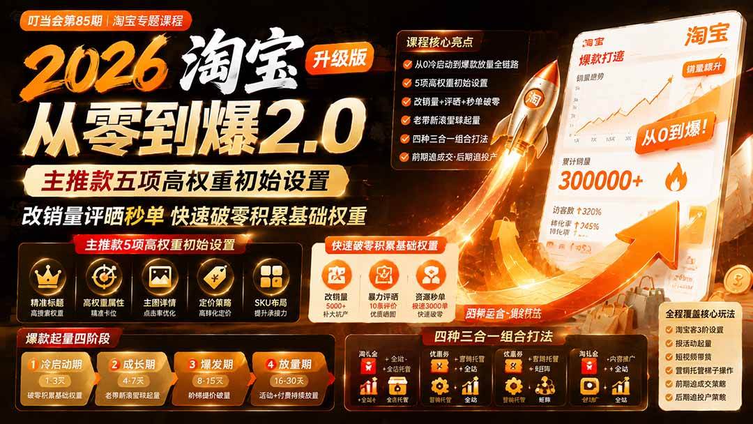 （19742期）2026淘宝从零到爆2.0第85期；主推款五项高权重初始设置，改销量评晒秒单快速破零积累基础权重-星空网络