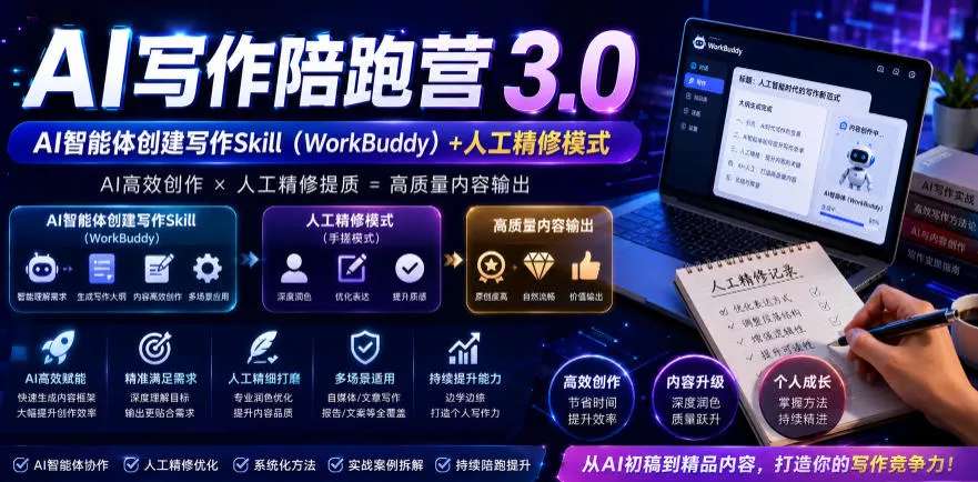 AI写作陪跑营3.0，Ai智能体创建写作skill(workbuddy)+人工手写模式(手搓模式)，去除AI痕迹(头条号、公众号、百家号)(更新0907)-星空网络