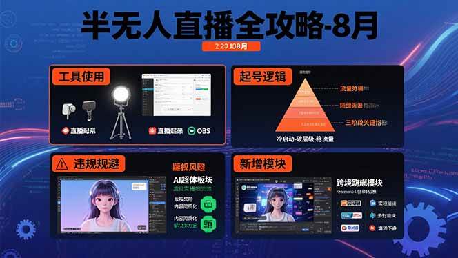（15669期）半无人直播全攻略-8月：工具使用+起号逻辑+违规规避,新增AI超体与跨境模块-星空网络