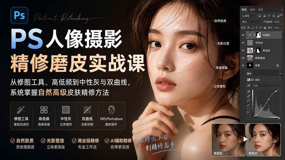 （20061期）PS人像摄影精修磨皮实战课：从修图工具、高低频到中性灰与双曲线，系统掌握自然高级皮肤精修方法-星空网络