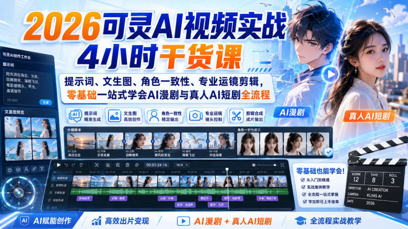 2026可灵AI视频实战4小时干货课｜提示词、文生图、角色一致性、专业运镜剪辑，零基础一站式学会AI漫剧与真人AI短剧全流程-星空网络