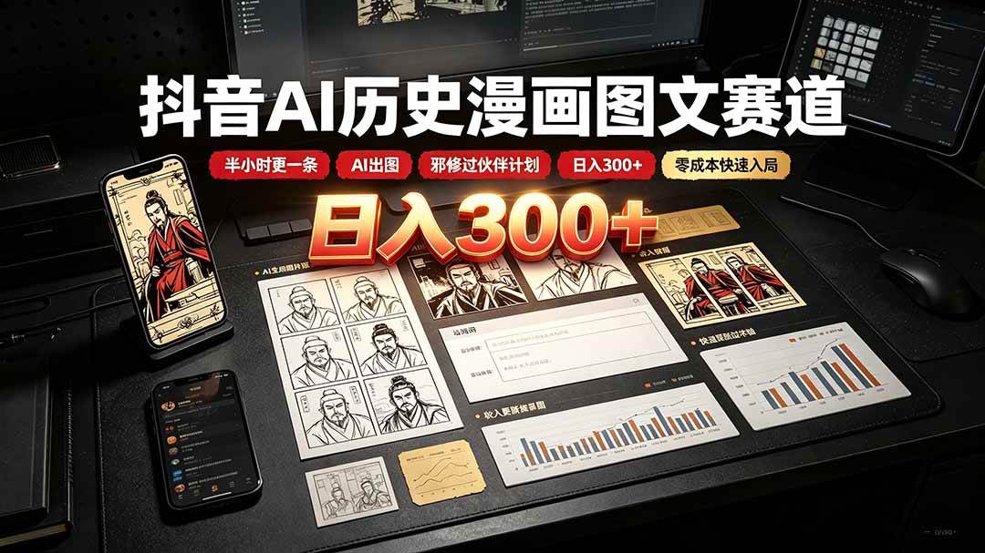 （19498期）抖音AI历史漫画图文赛道：半小时更一条×AI出图×邪修过伙伴计划×日入300+，零成本快速入局-星空网络