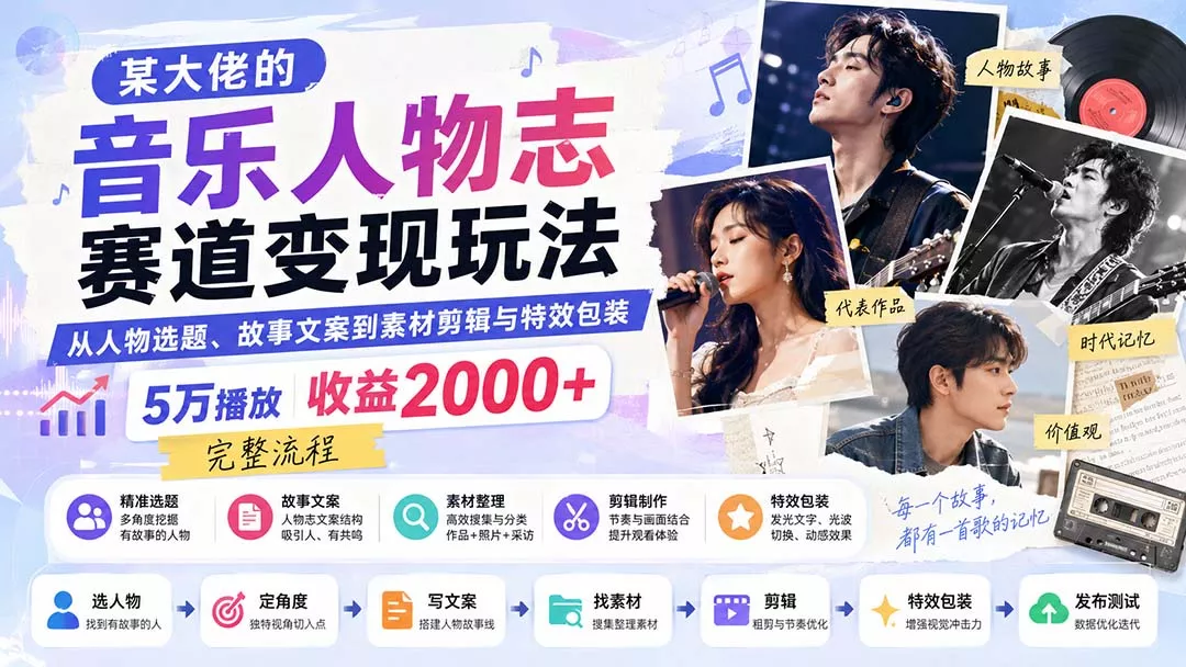 某大佬的音乐人物志赛道变现玩法：从人物选题、故事文案到素材剪辑与特效包装，5万播放收益2000+完整流程-星空网络