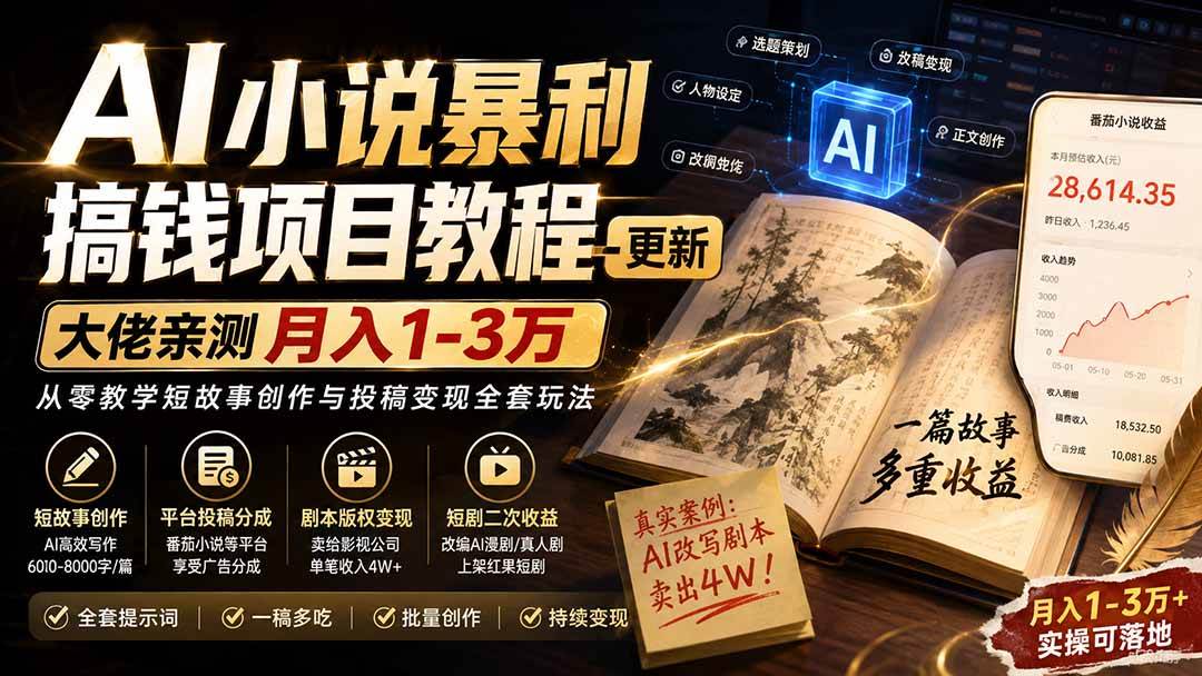 （20044期）AI小说暴利搞钱项目教程-更新，大佬亲测月入1-3万，从零教学短故事创作与投稿变现全套玩法-星空网络