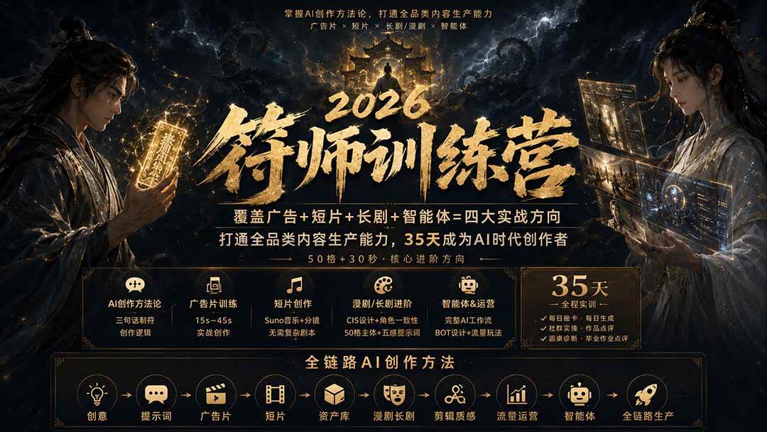 （20179期）符师训练营-35天成为AI时代创作者，广告+短片+漫剧+智能体四大实战方向，掌握从创意到上线的完整工作流-星空网络