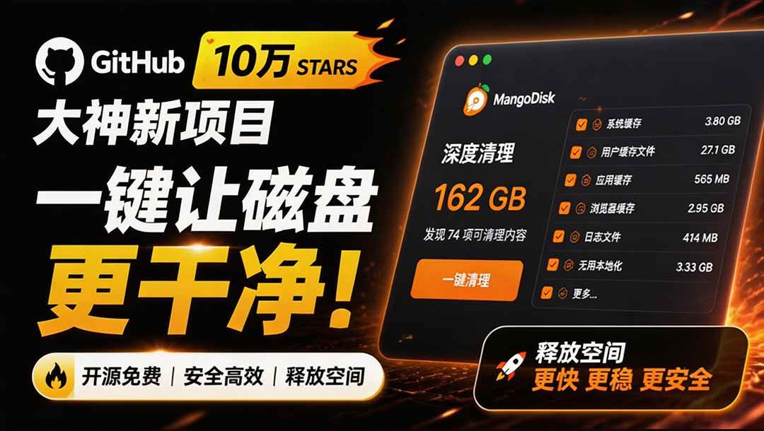 （19894期）在Gtihub上做出10万 stars 的大神，又发布新项目了！一键让磁盘更干净，开源免费清理工具 MangoDisk-星空网络