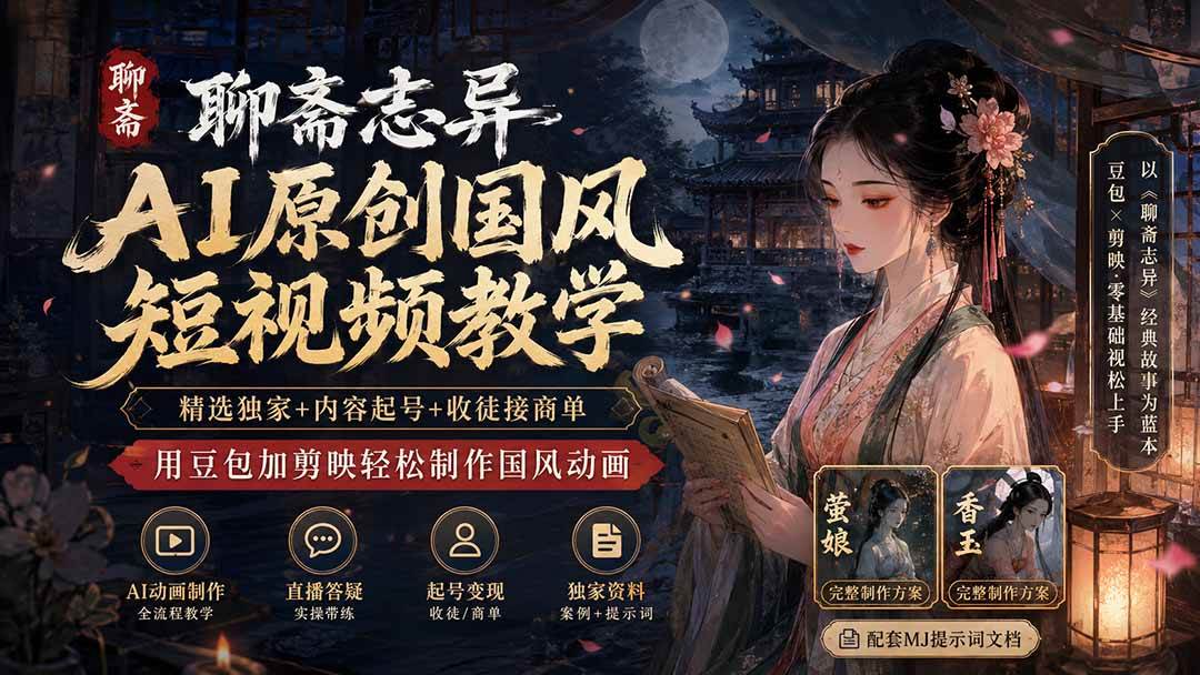 （19754期）聊斋志异AI原创国风短视频教学-更新；精选独家+内容起号+收徒接商单，用豆包加剪映轻松制作国风动画-星空网络