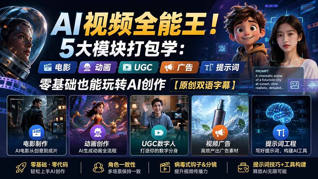 （20048期）AI视频全能王！5大模块打包学：电影、动画、UGC、广告、提示词，零基础也能玩转AI创作【原创双语字幕】-星空网络