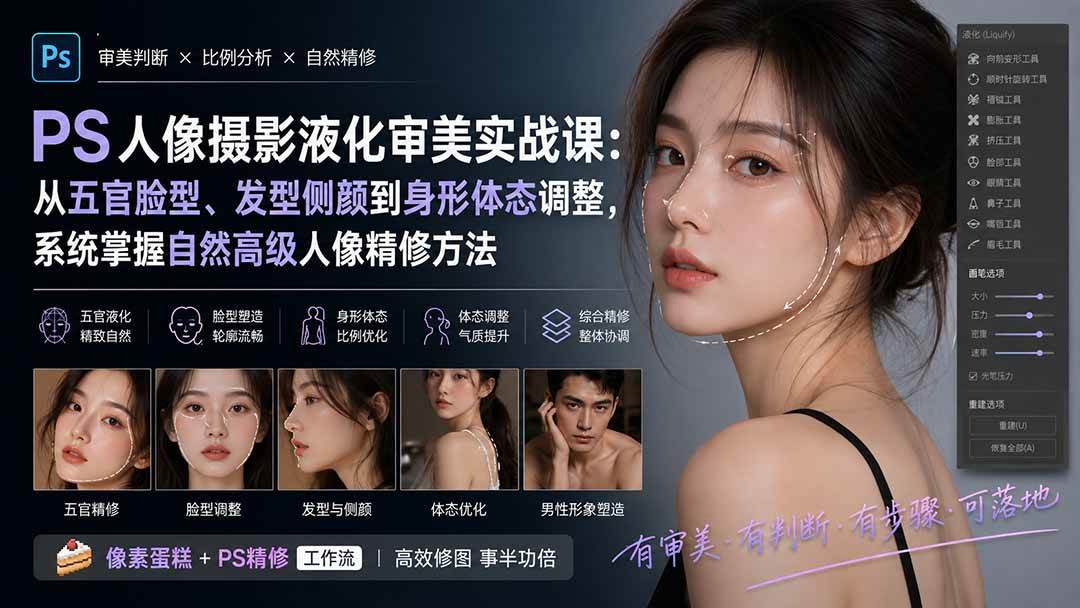 （20062期）PS人像摄影液化审美实战课：从五官脸型、发型侧颜到身形体态调整，系统掌握自然高级人像精修方法-星空网络