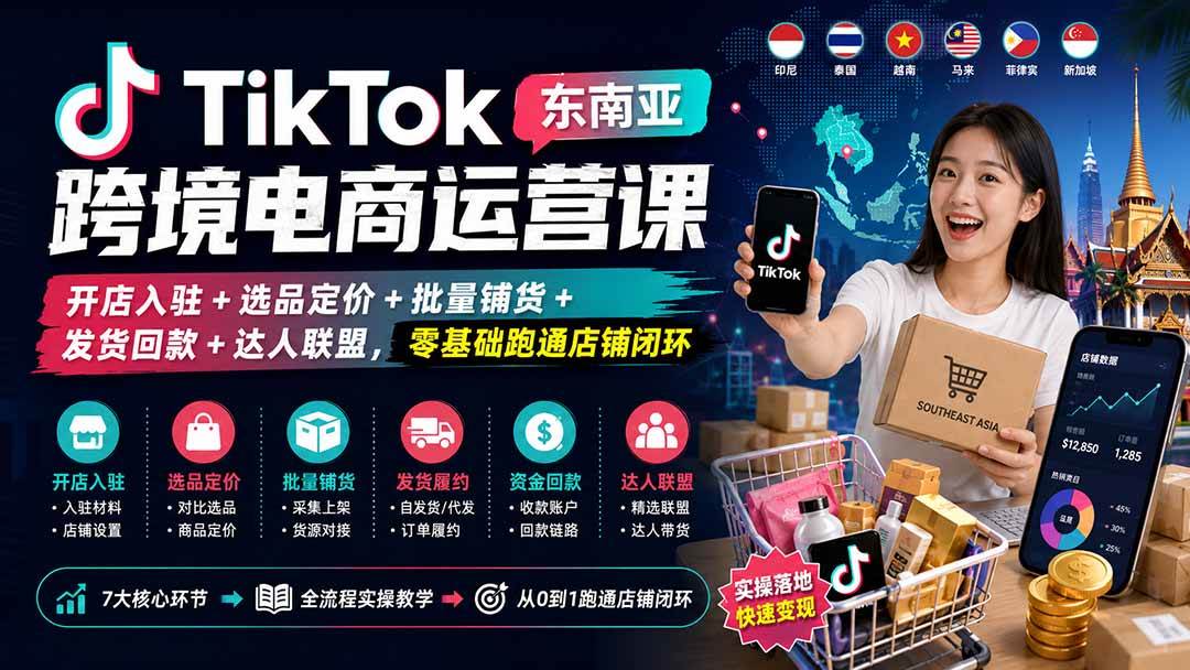 （20059期）TikTok东南亚跨境电商运营课：开店入驻+选品定价+批量铺货+发货回款+达人联盟，零基础跑通店铺闭环-星空网络
