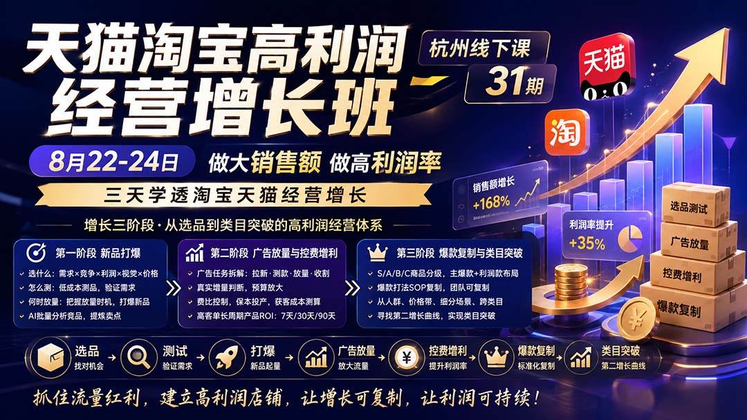（20148期）天猫淘宝高利润经营增长班杭州线下课31期8月22-24日，做大销售额做高利润率，三天学透淘宝天猫经营增长-星空网络