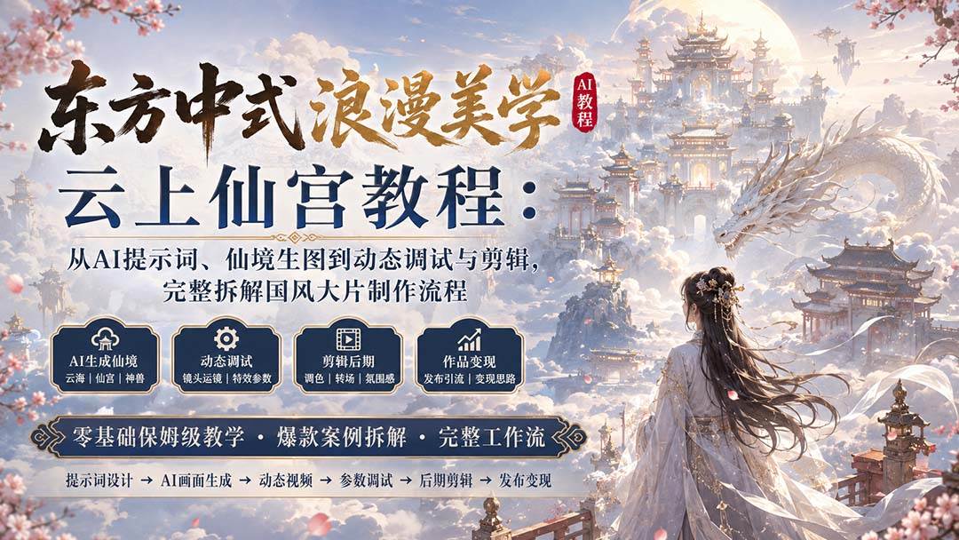 （20147期）东方中式浪漫美学云上仙宫教程：从AI提示词、仙境生图到动态调试与剪辑，完整拆解国风大片制作流程-星空网络