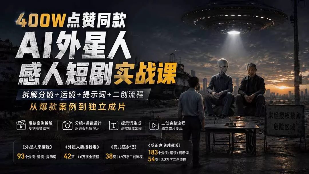 400W点赞同款AI外星人感人短剧实战课：拆解分镜+运镜+提示词+二创流程，从爆款案例到独立成片-星空网络