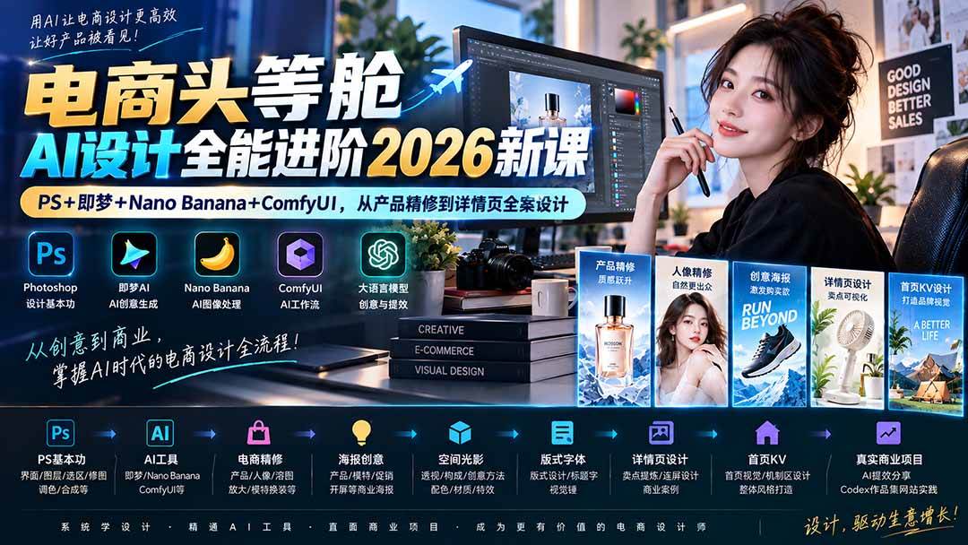 （20284期）电商头等舱AI设计全能进阶2026新课：PS+即梦+Nano Banana+ComfyUI，从产品精修到详情页全案设计-星空网络