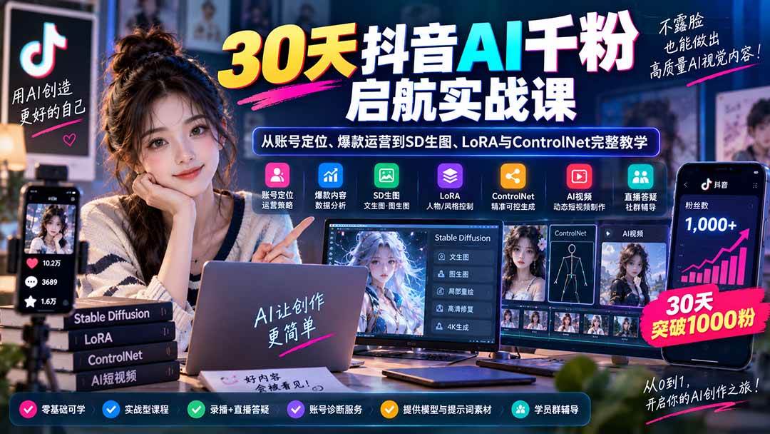 （20291期）30天抖音AI千粉启航实战课：从账号定位、爆款运营到SD生图、LoRA与ControlNet完整教学-星空网络