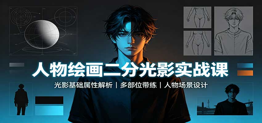 人物绘画二分光影实战课：光影基础属性解析，多部位带练，人物场景设计-星空网络
